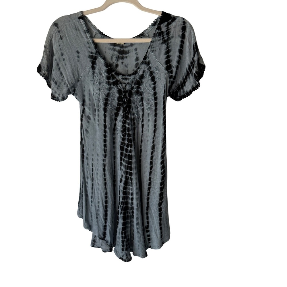 Womens Tie Dye Rayon Tunic Dress Embroidered Lace Festival Grunge Hippie Boho‎